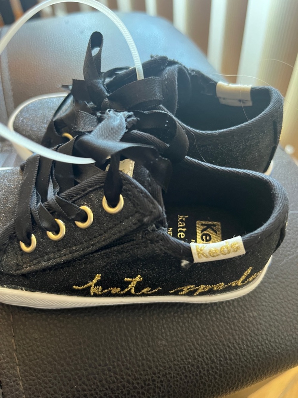 kate spade Kids Black Glitter Sneakers with Gold Script